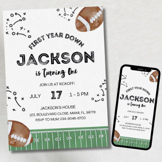 Convites Football Birthday Invitation, First Year Down,Foot
