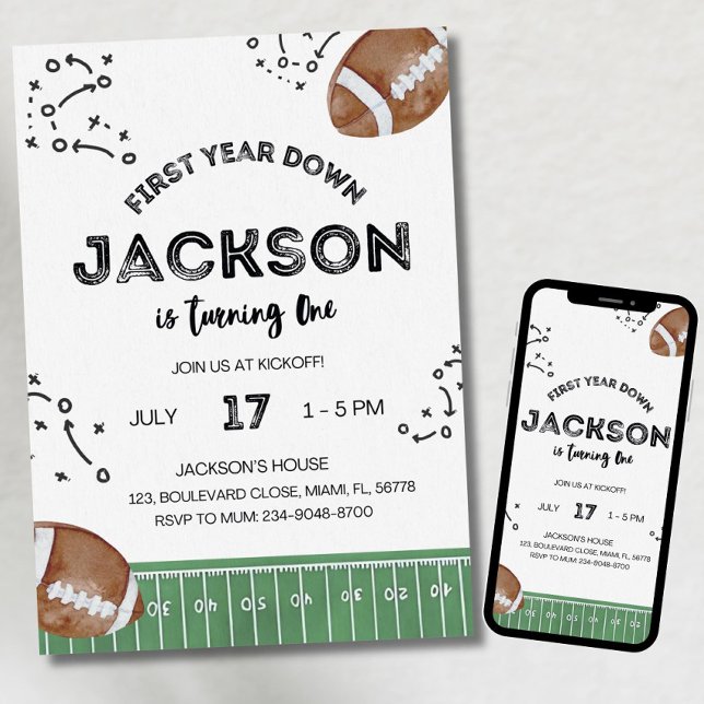 Convites Football Birthday Invitation, First Year Down,Foot (Criador carregado)