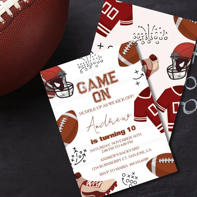 Convites Football Boy Birthday Party Sports (Football birthday invitation with bold “Game On” text and sporty design.)