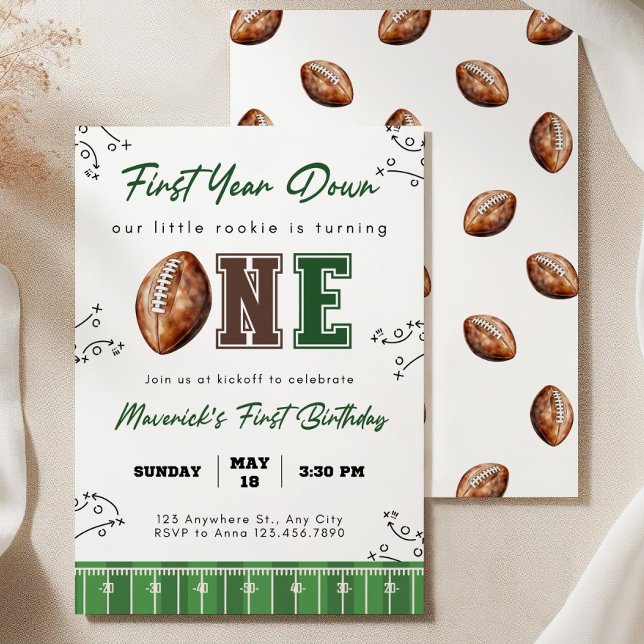 Convites Football First Birthday Invite, First Year Down In (Criador carregado)