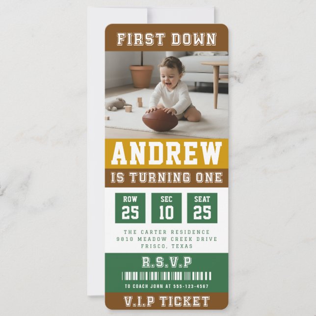 Convites Football Ticket First Down 1st Birthday Kids Photo (Frente)