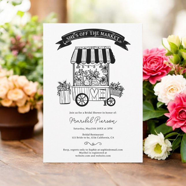 Convites Fora do mercado, chá de panela de escrivores preto (Off the market black scribbles bridal shower invitation)