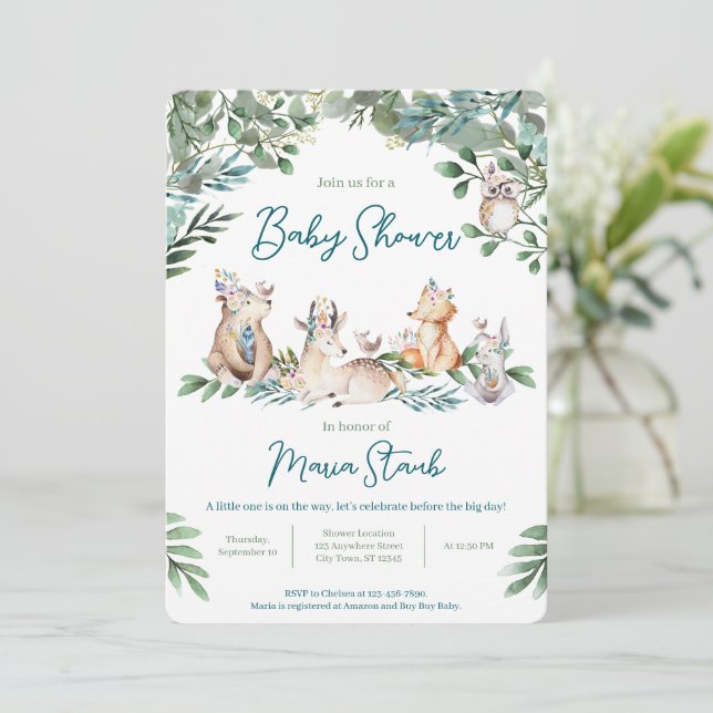 Convites Forest Animal Woodland Baby Shower Invitation (Em pé/Frente)