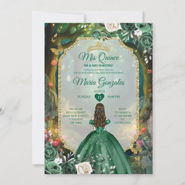 Convites Forest Emerald Green Quinceañera (Frente)