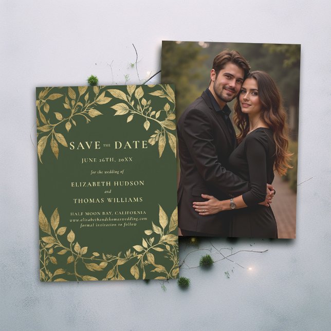 Convites Forest Foliage Botanical Photo Wedding Save Date (Forest Foliage Botanical Photo Wedding Save Date Invitation Enchanted Magical Fairy Tale Moody Gold)