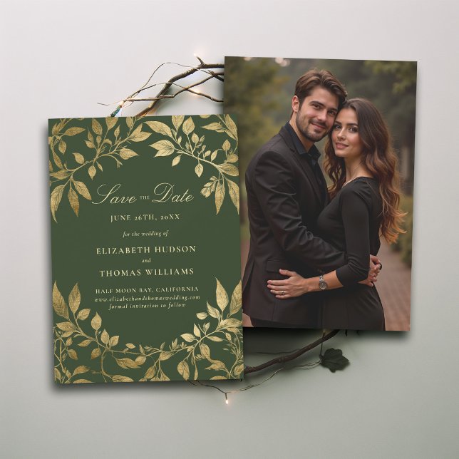 Convites Forest Foliage Magical Photo Wedding Save Date (Forest Foliage Botanical Photo Wedding Save Date Invite Enchanted Magical Fairy Tale Moody Gold)