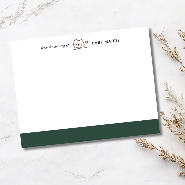 Convites Forest Green Cute Cat Nursery Stationery Note Card (Criador carregado)