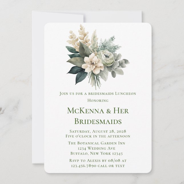Convites Forest Green e Cream Rosa Bridesmaids Luncheids (Frente)