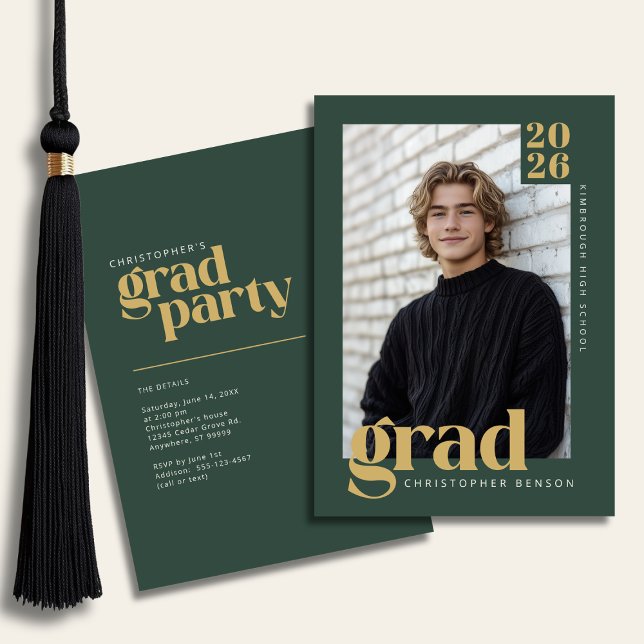 Convites Forest Green Gold Modern Photo Graduation Party (Criador carregado)