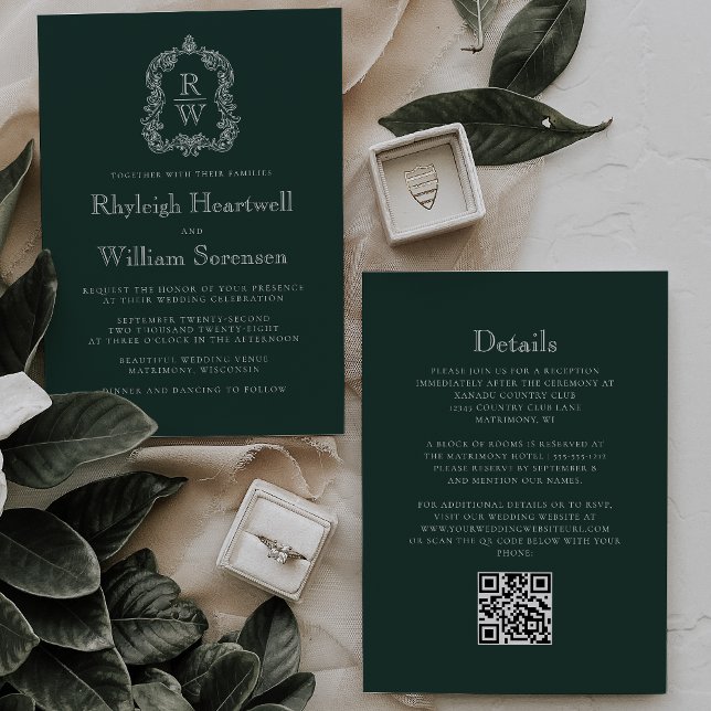 Convites Forest Green Monogram Crest QR Code Wedding (Criador carregado)