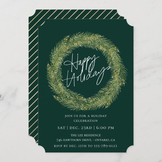 Convites Forest Pine Wreath Emerald Holiday Party (Frente/Verso)