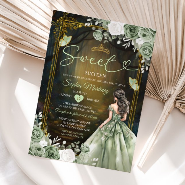 Convites Forest Sage Green Princess Quinceañera (Criador carregado)