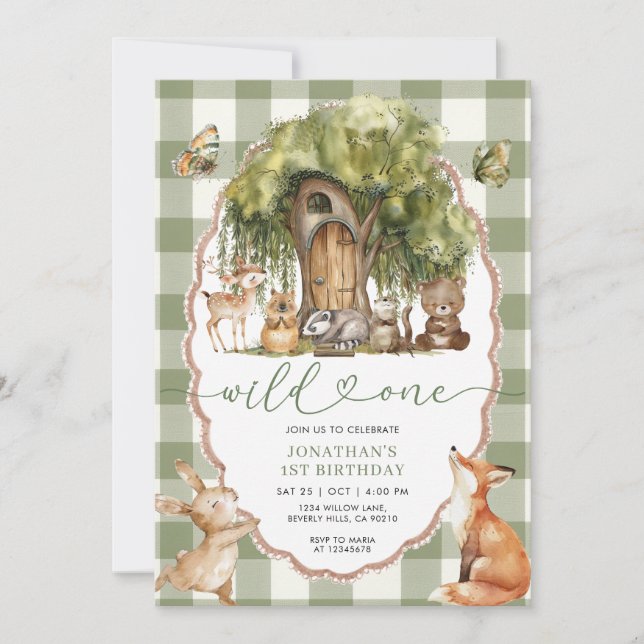 Convites Forest Wild One First Birthday Woodland Animals (Frente)