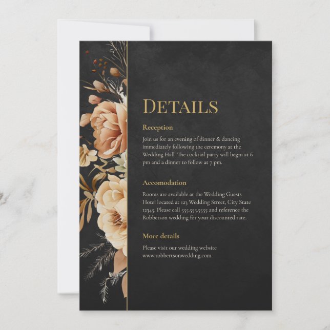 Convites Forest Witch Black Floral Wedding Details Card (Frente)