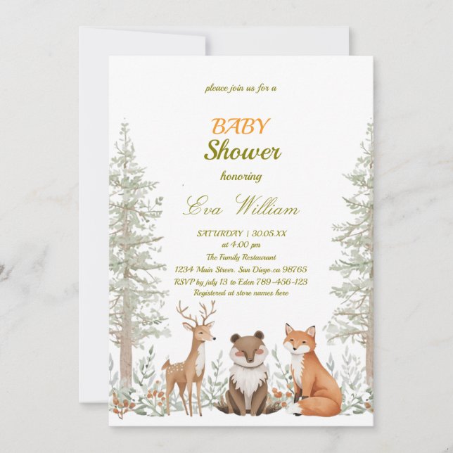 Convites Forest Woodland Animals Baby Shower Invitation (Frente)