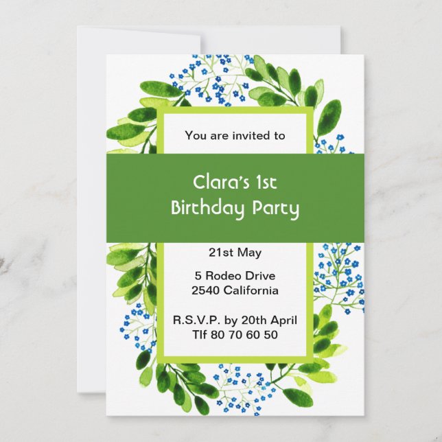 Convites Forget-me-not blue flower 1st Birthday Green Party (Frente)