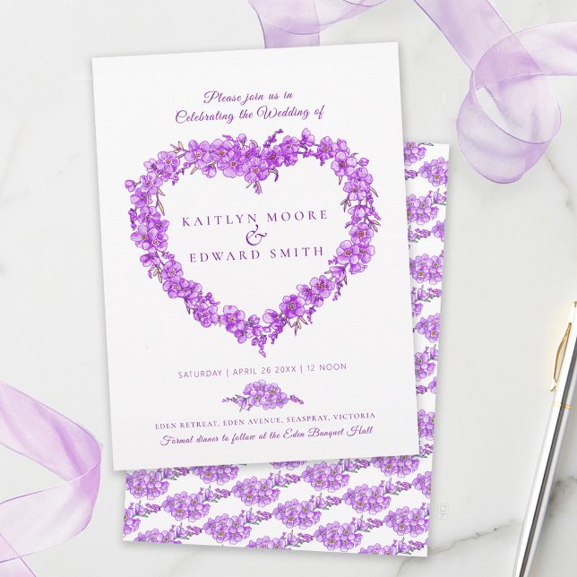 Convites Forget-me-not heart art wedding purple white (Criador carregado)