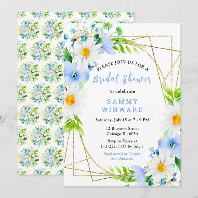 Convites Forget Me Nots and Daisies Bridal Shower (Frente/Verso)