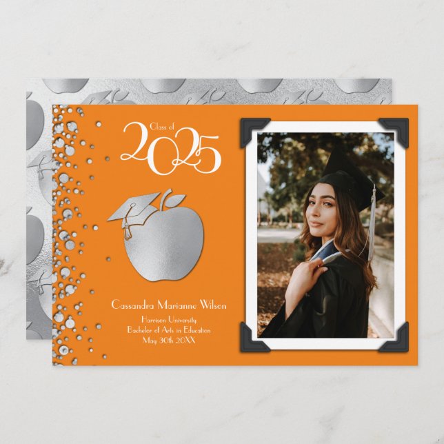 Convites Formação de Professores Graduação em Prata Laranja (Frente/Verso)