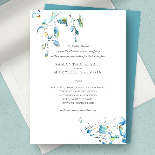 Convites Formais de Azul Aquarela Floral (wedding invitation blue floral watercolor)