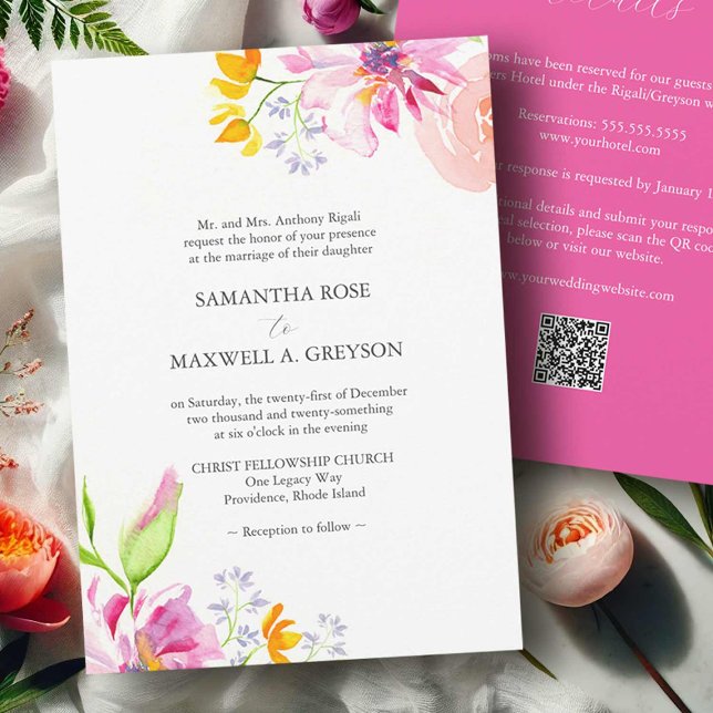 Convites Formais de Casamento com Código QR Floral (Bold wedding invitations pink orange flowers QR code watercolor art by Victoria Grigaliunas )