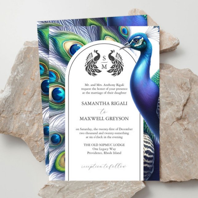 Convites Formais De Casamento De Peacock Por Aquar (Fairytale wedding invitations watercolor peacock and monogram on Zazzle by Victoria Grigaliunas)