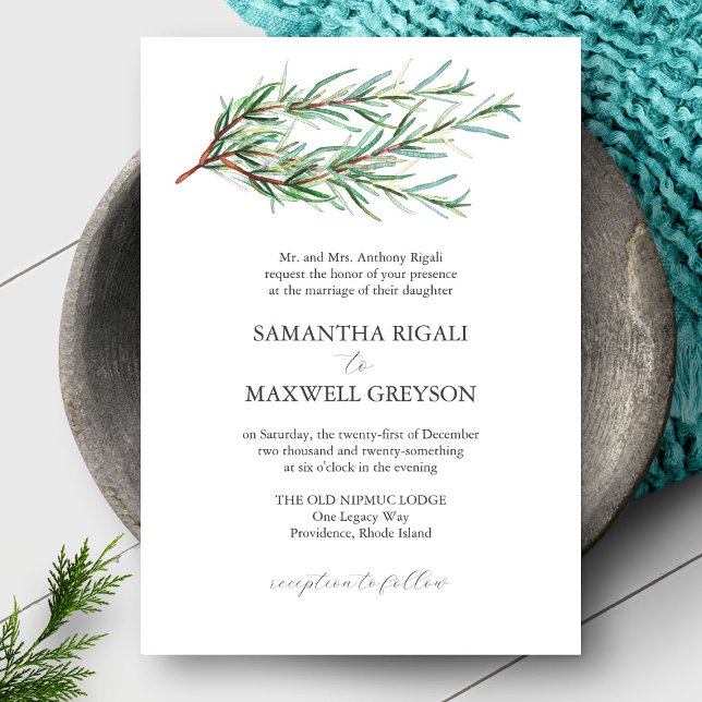Convites Formais para Casamento Botânicos Russos (micro wedding invitation features flat lay of a rosemary wedding invite in watercolor)