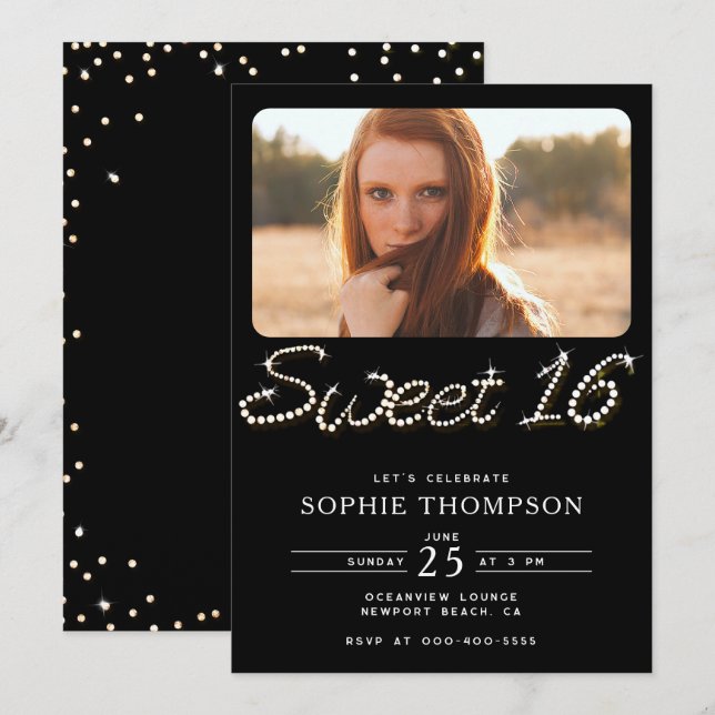 Convites Formal Black Classy Rhinestones Sweet 16 Foto (Frente/Verso)