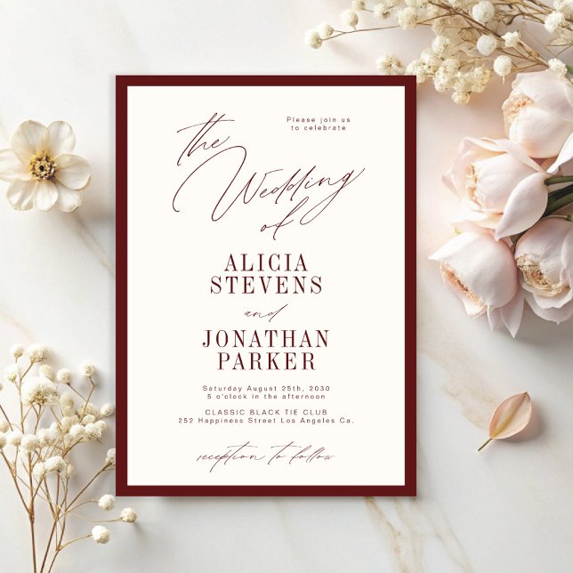 Convites Formal burgundy ivory classic typography wedding (Criador carregado)