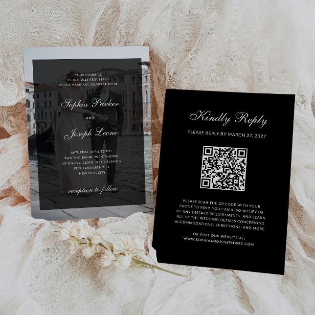 Convites Formal Classic Dark Overlay QR Code Photo Wedding (Criador carregado)