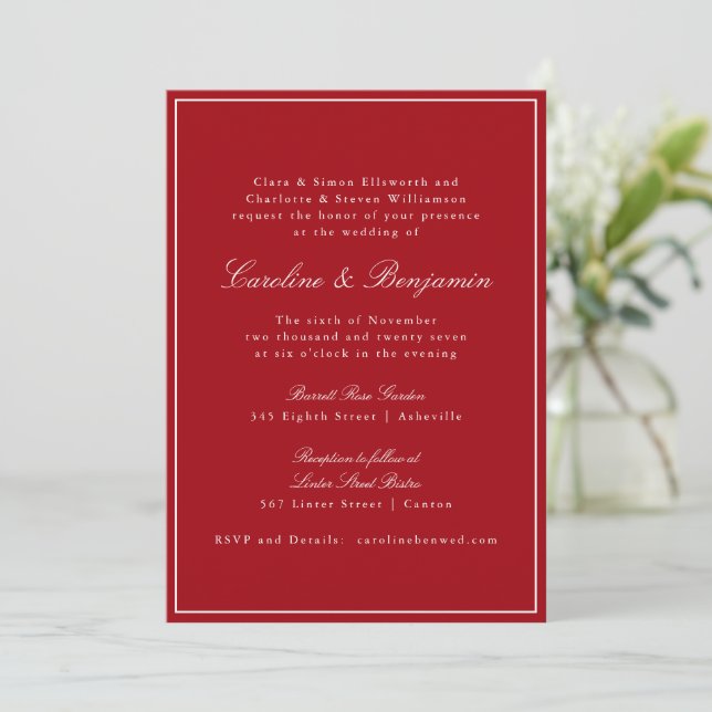 Convites Formal Classic Red Script Elegant Wedding RSVP (Em pé/Frente)