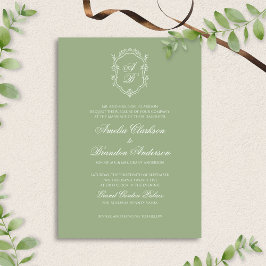 Convites Formal Classic Sage Green Monogram Crest Wedding