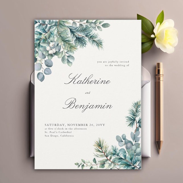 Convites Formal Clássico De Inverno Botânico Elegante Casam (winter botanical elegant wedding invitation formal traditional modern classic simple foliage frame)