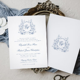 Convites Formal Crista Floral Azul Monograma Casamento Eleg