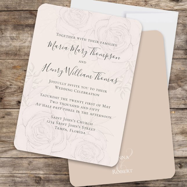 Convites Formal de Casamento Floral de Blush Elegante (Blush floral wedding invitation with a nude beige back.)
