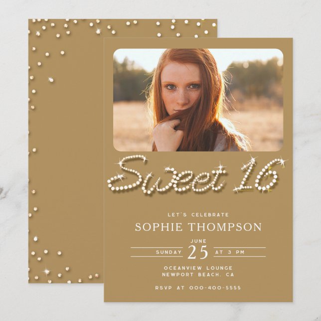 Convites Formal Dourado Clássico Rhinestones Sweet 16 Foto (Frente/Verso)
