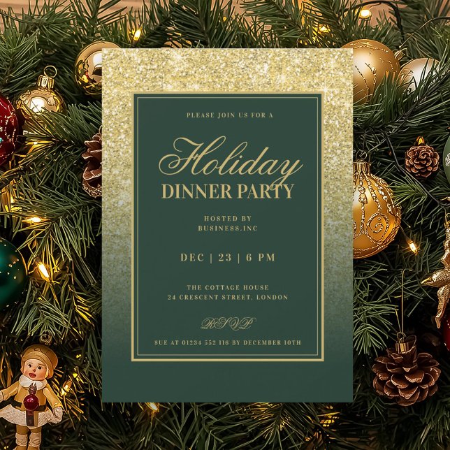 Convites Formal Dourado Glam FAUX Brilho Festa de Natal Jan (Formal Gold Glam FAUX Glitter Holiday Dinner Green Invitation)