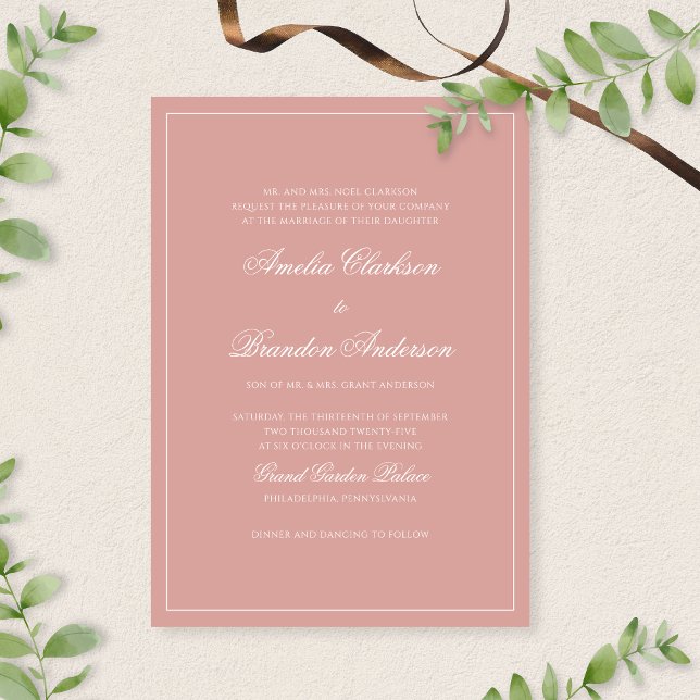 Convites Formal Dusty Rose & White Border Script Wedding (Criador carregado)