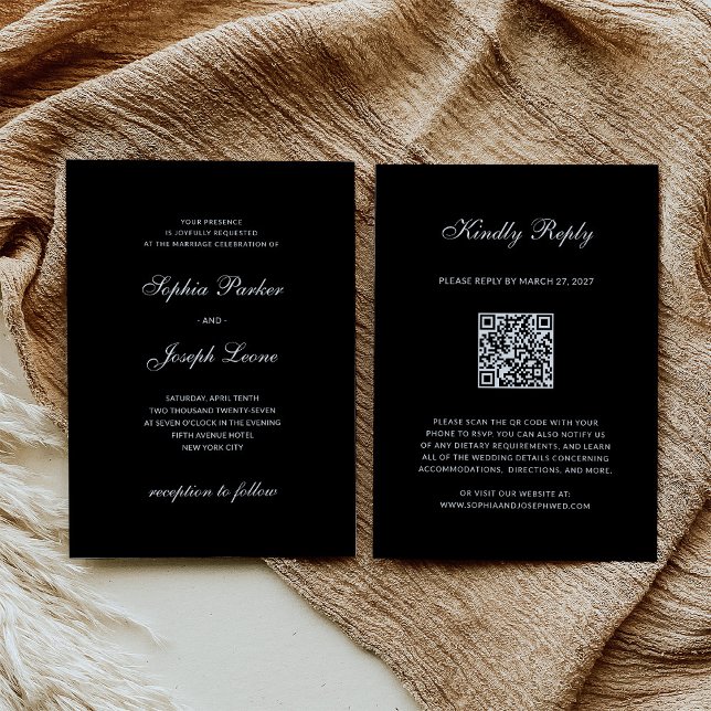 Convites Formal e Clássico | Casamento Preto RSVP Código QR (Criador carregado)