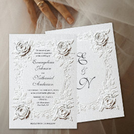 Convites Formal Elegant Script Faux Embossed Roses Wedding 