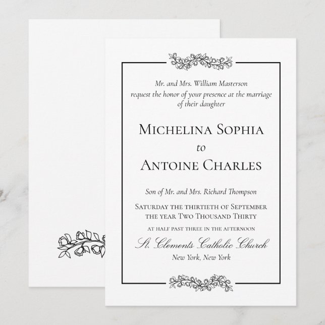 Convites Formal Elegante Preto e Branco | Casamento (Frente/Verso)