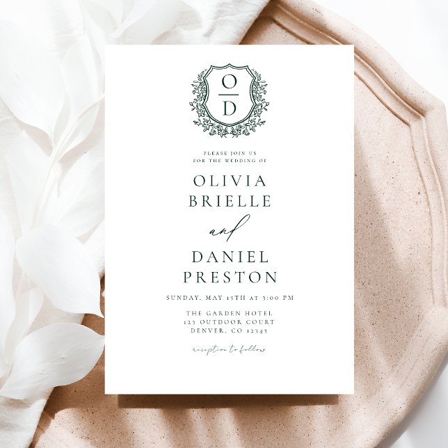 Convites Formal Emerald Green Leafy Crest Monograma Casamen (Criador carregado)