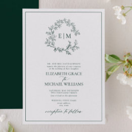 Convites Formal Emerald Green Leafy Crest Monograma Casamen