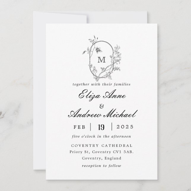 Convites Formal Floral Crest Monograma Casamento (Frente)