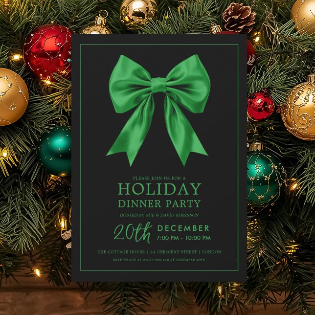 Convites Formal Holiday Dinner Party Green Satin Bow Black  (Formal Holiday Dinner Party Green Satin Bow Black Invitation)