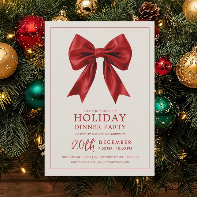 Convites Formal Holiday Dinner Party Red Satin Bow (Formal Holiday Dinner Party Red Satin Bow Invitation)