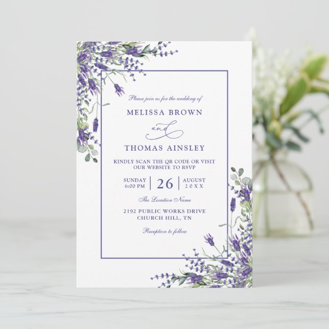 Convites Formal Lavender Eucalyptus Budget QR Code Wedding (Em pé/Frente)