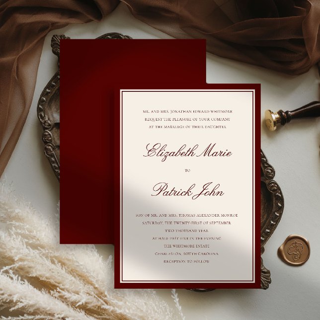 Convites Formal Modern Classic Deep Burgundy Frame Wedding (deep burgundy wedding invitation quiet luxury old money double frame formal modern classic parents)