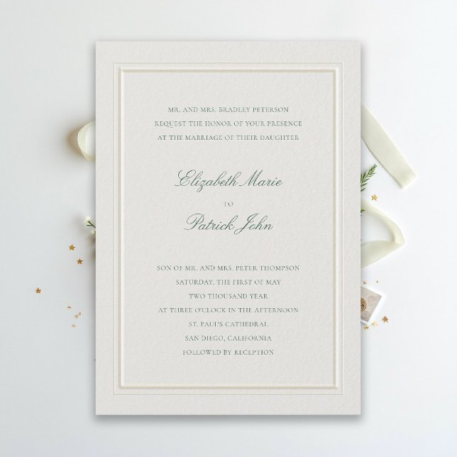 Convites Formal Modern Classic Elevated Green Ecru Wedding (modern classic wedding invitation forest green type double frame ecru formal traditional stately)