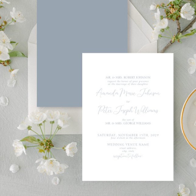 Convites Formal Moderno Caligrafia Dusty Casamento Azul (Criador carregado)